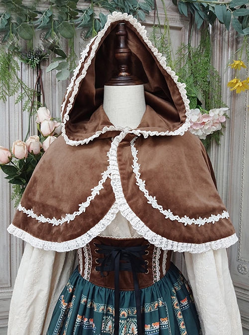 Cute Velvet Peaked Hat Design Jacquard Lace Trim Classic Lolita Short Cloak