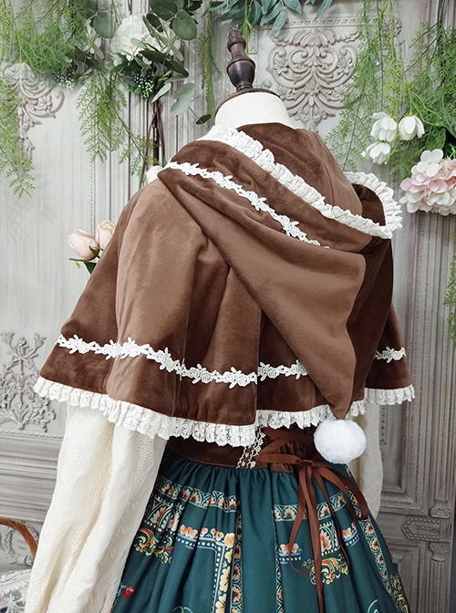 Cute Velvet Peaked Hat Design Jacquard Lace Trim Classic Lolita Short Cloak