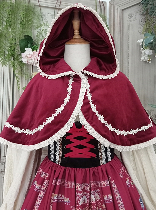 Cute Velvet Peaked Hat Design Jacquard Lace Trim Classic Lolita Short Cloak