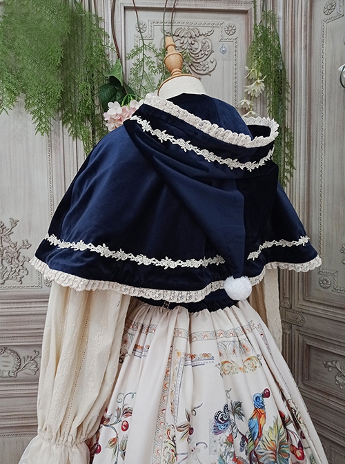 Cute Velvet Peaked Hat Design Jacquard Lace Trim Classic Lolita Short Cloak