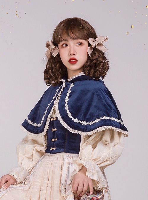 Cute Velvet Peaked Hat Design Jacquard Lace Trim Classic Lolita Short Cloak