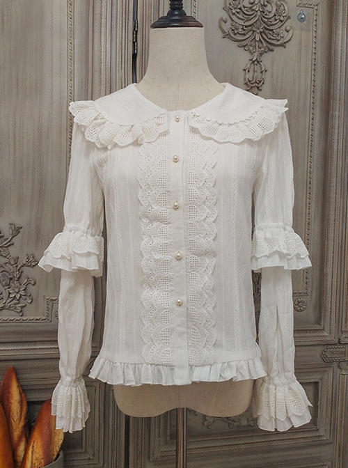 Classic Lolita Pleated Hollow-Out Ruffles Design Doll Neckline Decoration Detachable Sleeves Daily Shirt