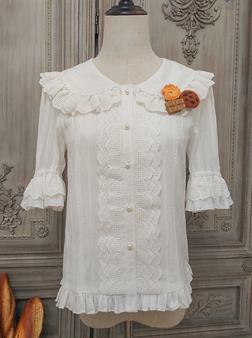 Classic Lolita Pleated Hollow-Out Ruffles Design Doll Neckline Decoration Detachable Sleeves Daily Shirt