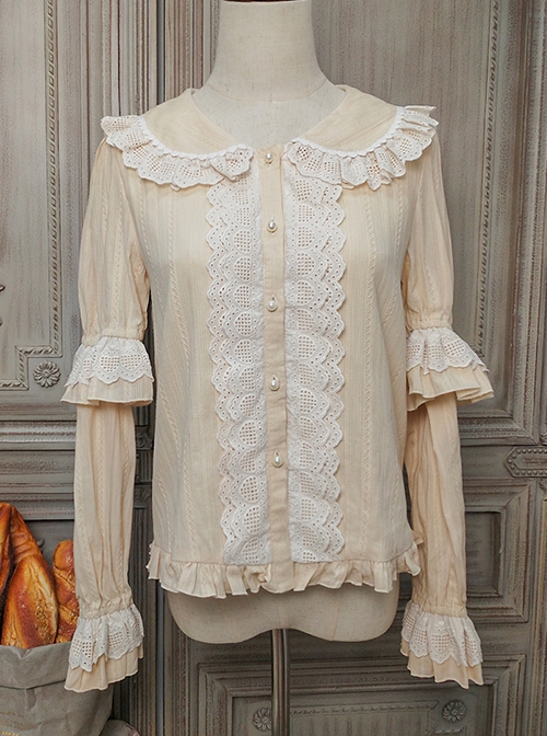 Classic Lolita Pleated Hollow-Out Ruffles Design Doll Neckline Decoration Detachable Sleeves Daily Shirt