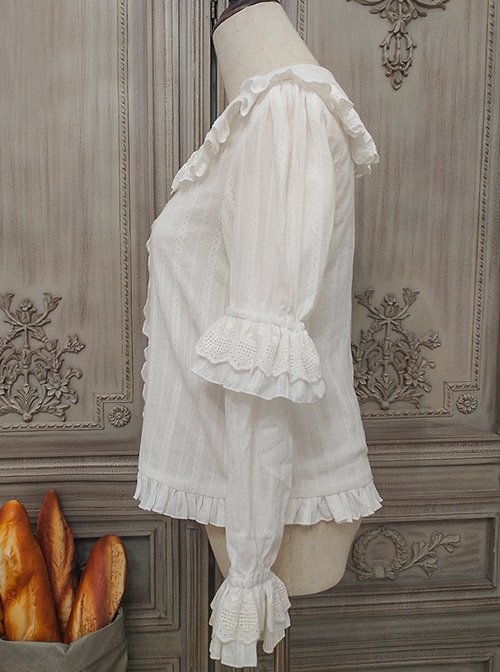 Classic Lolita Pleated Hollow-Out Ruffles Design Doll Neckline Decoration Detachable Sleeves Daily Shirt