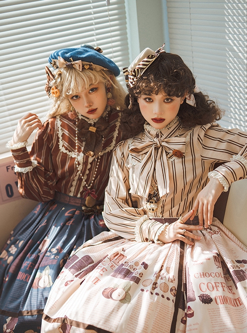 Fashion Vertical Stripes Design Lace Pleated Cuffs Bow Knot Neckline Decoration Classic Lolita Long Sleeve Shirt