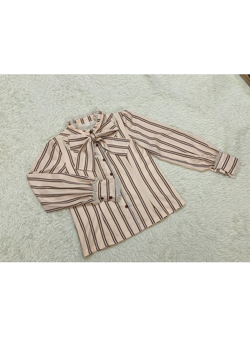 Fashion Vertical Stripes Design Lace Pleated Cuffs Bow Knot Neckline Decoration Classic Lolita Long Sleeve Shirt