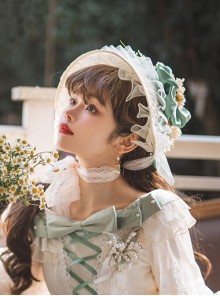 Elegant Pleated Lace Mesh Design Three-Dimensional Flower Bow Knots Decoration Jacquard Lace Straps Classic Lolita Bonnet