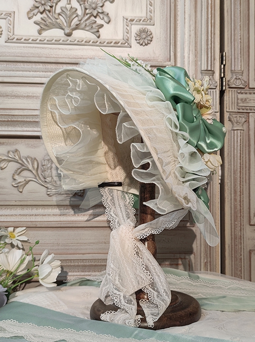 Elegant Pleated Lace Mesh Design Three-Dimensional Flower Bow Knots Decoration Jacquard Lace Straps Classic Lolita Bonnet