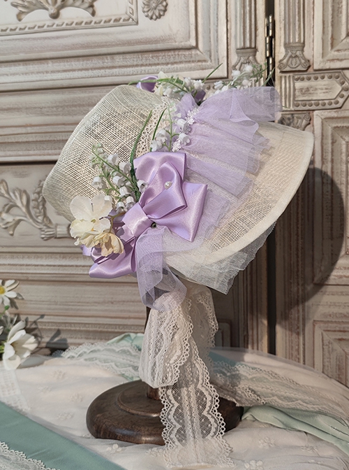 Elegant Pleated Lace Mesh Design Three-Dimensional Flower Bow Knots Decoration Jacquard Lace Straps Classic Lolita Bonnet