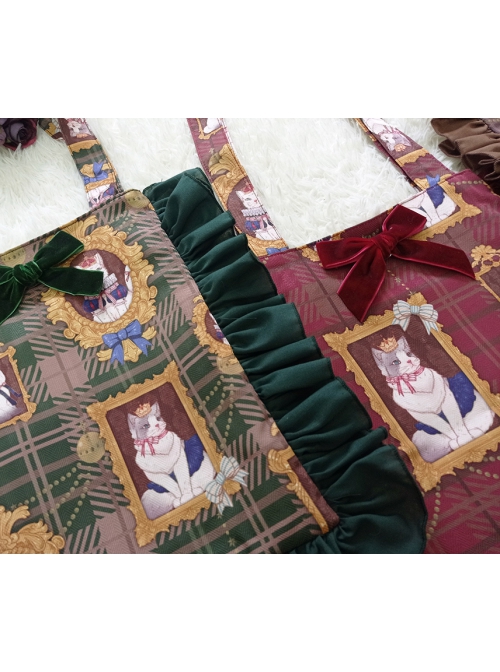 Lovely Kitten Print Decoration Pleated Ruffle Trim Bow Knot Classic Lolita Handbag