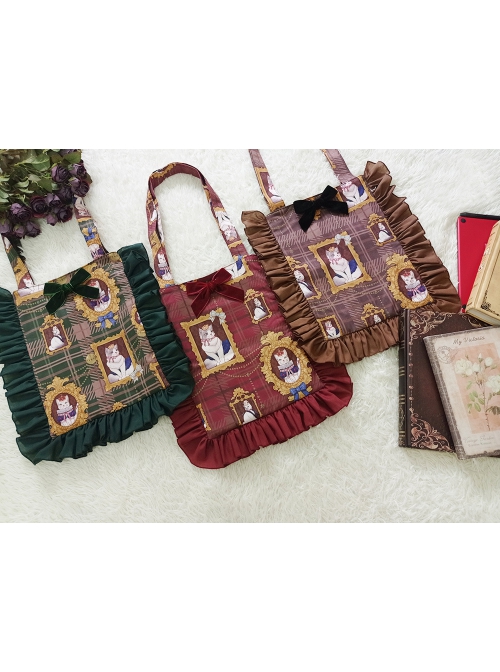 Lovely Kitten Print Decoration Pleated Ruffle Trim Bow Knot Classic Lolita Handbag