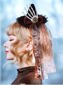 Punk Halloween Style Metal Chain Bone Pleated Ribbon Trim Lolita Witch Hat Hairpin
