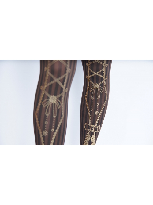 Classic Lolita Black Strips Gold Gear Cross Bow Print Decoration Velvet Pantyhose