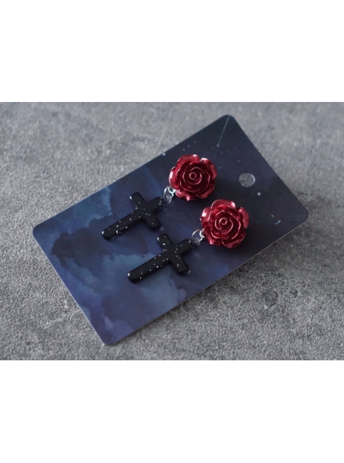 Gothic Style Handmade Three-Dimensional Red Rose Decoration Cross Lolita Earring