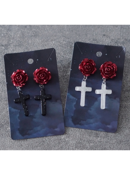 Gothic Style Handmade Three-Dimensional Red Rose Decoration Cross Lolita Earring