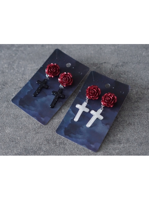 Gothic Style Handmade Three-Dimensional Red Rose Decoration Cross Lolita Earring