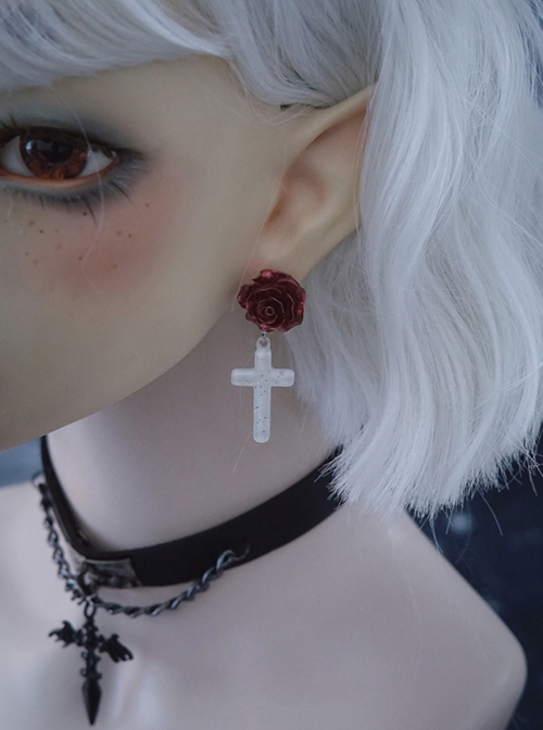 Gothic Style Handmade Three-Dimensional Red Rose Decoration Cross Lolita Earring
