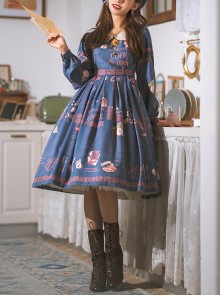 Chocolate Candy Print Decoration Letter Print Doll Neckline High Waist Belt A Version Classic Lolita Long Sleeve Dress