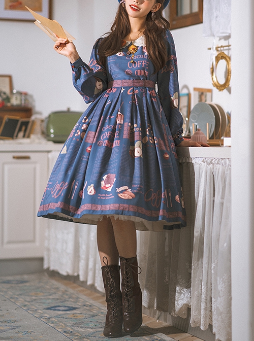 Chocolate Candy Print Decoration Letter Print Doll Neckline High Waist Belt A Version Classic Lolita Long Sleeve Dress