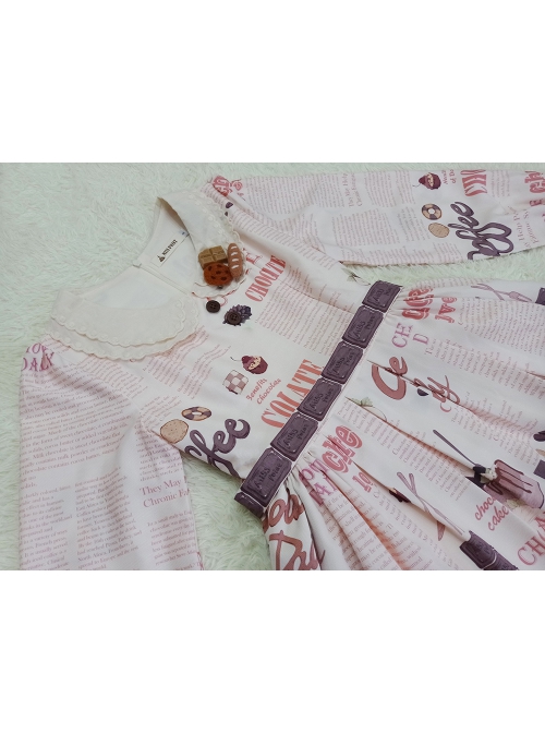 Chocolate Candy Print Decoration Letter Print Doll Neckline High Waist Belt A Version Classic Lolita Long Sleeve Dress