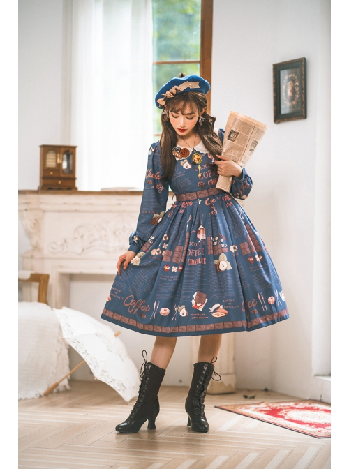 Chocolate Candy Print Decoration Letter Print Doll Neckline High Waist Belt A Version Classic Lolita Long Sleeve Dress