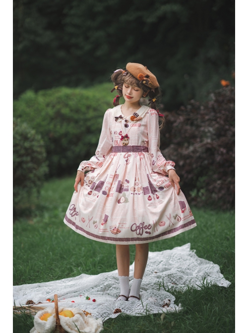 Chocolate Candy Print Decoration Letter Print Doll Neckline High Waist Belt A Version Classic Lolita Long Sleeve Dress