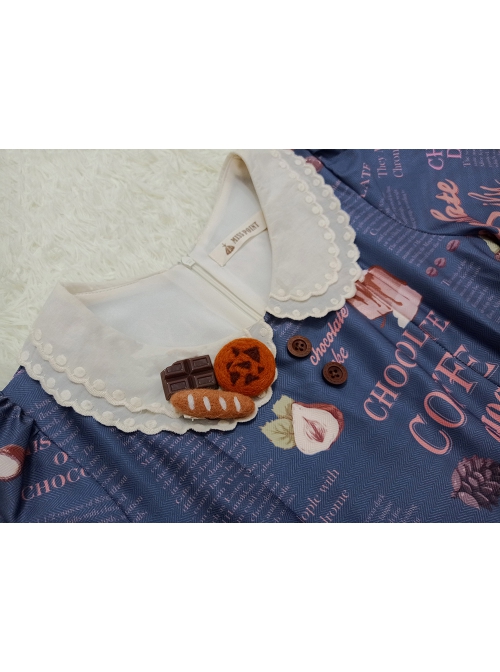 Chocolate Candy Print Decoration Letter Print Doll Neckline High Waist Belt A Version Classic Lolita Long Sleeve Dress