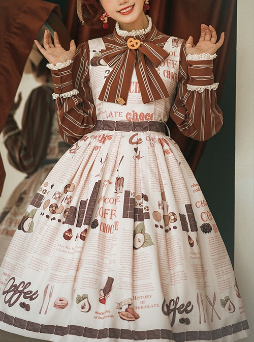 Classic Lolita Chocolate Candy Print Decoration Letter Print Cute High Waist Belt Sleeveless Dress