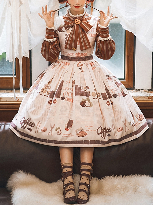 Classic Lolita Chocolate Candy Print Decoration Letter Print Cute High Waist Belt Sleeveless Dress