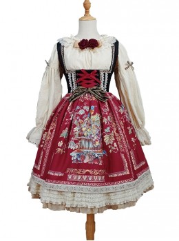 Retro Style Floral Print Lace Ruffle Trim Velvet Vest Criss-Cross Cord Classic Lolita Bow Knots Sleeveless Dress