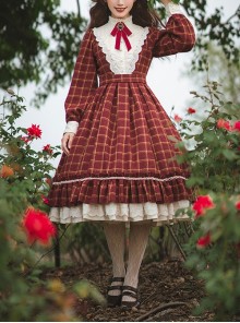 Elegant Vintage Check Woolen Fabric Ruched Ruffled Lace Trim White Lace Jacquard V Neckline Classic Lolita Long Sleeve Dress