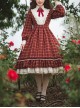 Elegant Vintage Check Woolen Fabric Ruched Ruffled Lace Trim White Lace Jacquard V Neckline Classic Lolita Long Sleeve Dress