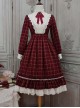 Elegant Vintage Check Woolen Fabric Ruched Ruffled Lace Trim White Lace Jacquard V Neckline Classic Lolita Long Sleeve Dress