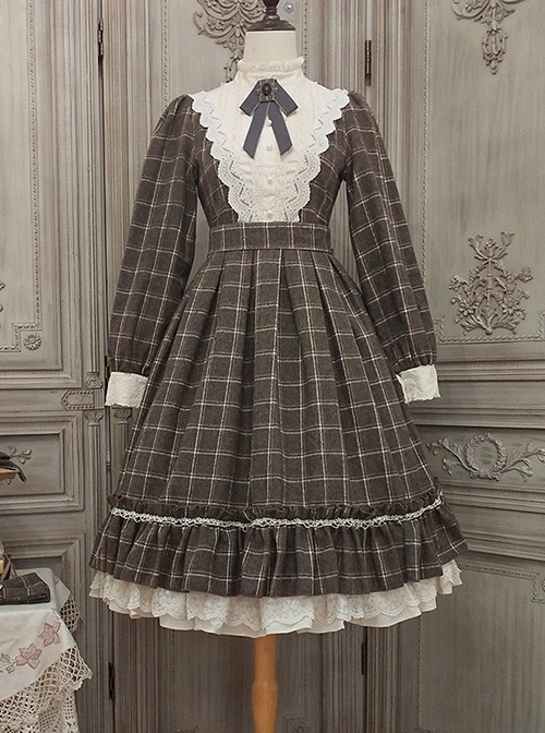 Elegant Vintage Check Woolen Fabric Ruched Ruffled Lace Trim White Lace Jacquard V Neckline Classic Lolita Long Sleeve Dress