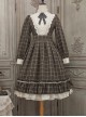 Elegant Vintage Check Woolen Fabric Ruched Ruffled Lace Trim White Lace Jacquard V Neckline Classic Lolita Long Sleeve Dress