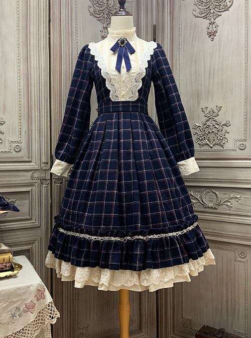 Elegant Vintage Check Woolen Fabric Ruched Ruffled Lace Trim White Lace Jacquard V Neckline Classic Lolita Long Sleeve Dress