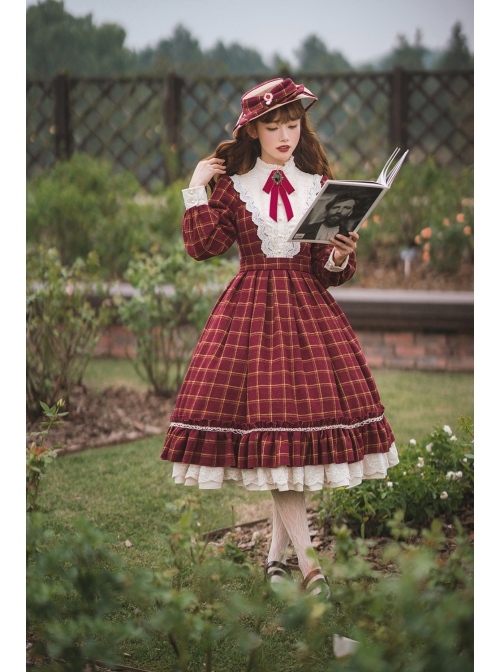 Elegant Vintage Check Woolen Fabric Ruched Ruffled Lace Trim White Lace Jacquard V Neckline Classic Lolita Long Sleeve Dress