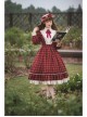 Elegant Vintage Check Woolen Fabric Ruched Ruffled Lace Trim White Lace Jacquard V Neckline Classic Lolita Long Sleeve Dress