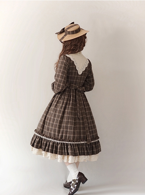 Elegant Vintage Check Woolen Fabric Ruched Ruffled Lace Trim White Lace Jacquard V Neckline Classic Lolita Long Sleeve Dress