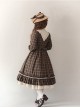 Elegant Vintage Check Woolen Fabric Ruched Ruffled Lace Trim White Lace Jacquard V Neckline Classic Lolita Long Sleeve Dress