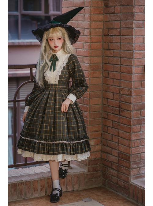 Elegant Vintage Check Woolen Fabric Ruched Ruffled Lace Trim White Lace Jacquard V Neckline Classic Lolita Long Sleeve Dress