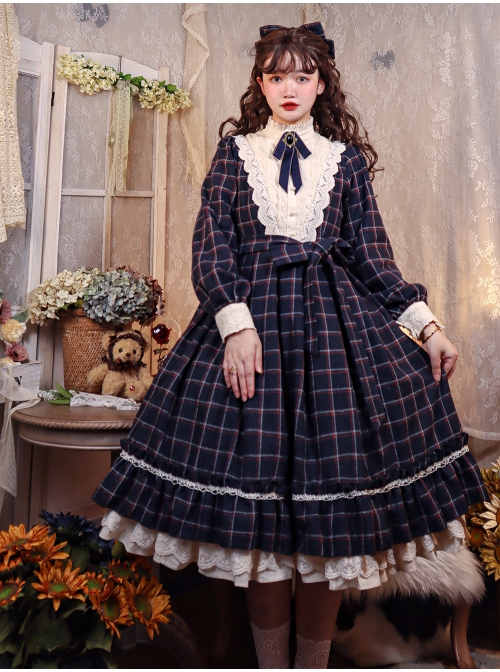 Elegant Vintage Check Woolen Fabric Ruched Ruffled Lace Trim White Lace Jacquard V Neckline Classic Lolita Long Sleeve Dress