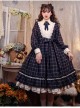 Elegant Vintage Check Woolen Fabric Ruched Ruffled Lace Trim White Lace Jacquard V Neckline Classic Lolita Long Sleeve Dress