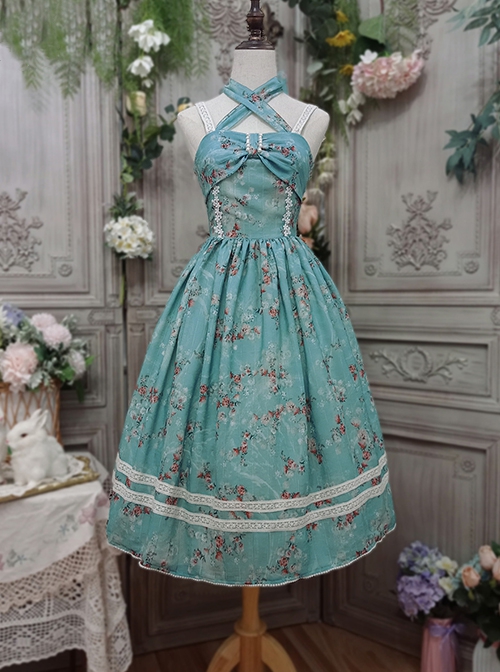 Vintage Elegant Small Floral Print Jacquard Lace Decoration Pleated Double Row Pearl Classic Lolita Detachable Halter Neck Design Dress