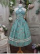 Vintage Elegant Small Floral Print Jacquard Lace Decoration Pleated Double Row Pearl Classic Lolita Detachable Halter Neck Design Dress