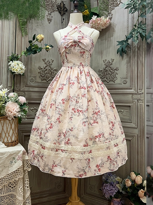 Vintage Elegant Small Floral Print Jacquard Lace Decoration Pleated Double Row Pearl Classic Lolita Detachable Halter Neck Design Dress