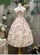 Vintage Elegant Small Floral Print Jacquard Lace Decoration Pleated Double Row Pearl Classic Lolita Detachable Halter Neck Design Dress