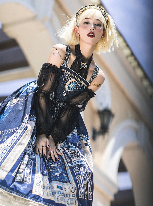 Egyptian Style Retro Exquisite Jewelry Geometry Print Mesh Ruffled Pearl Trim Classic Lolita Slip Dress