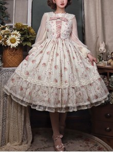 Elegant And Delicate Pink Floral Print Design Jacquard Lace Trim Bow Knot Tie Classic Lolita Slip Dress